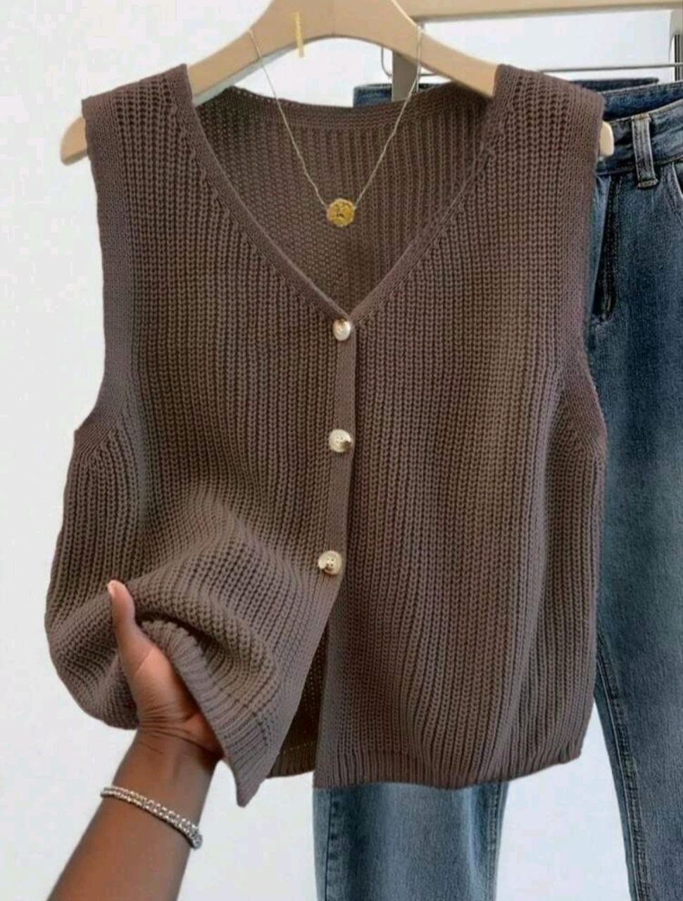 Women's  Versatile V-Neck Knit Vest, Cardigan Knitwear Top Brown, Aesthetic Fall